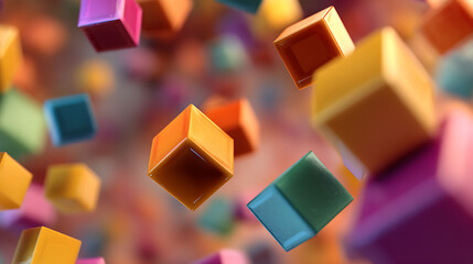Poster - Abstract 3d rendering of chaotic colorful cubes floating in the air, background with flying cubes