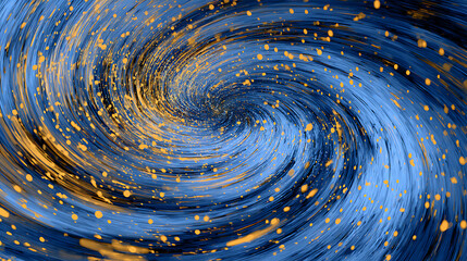 Poster - Abstract blue and gold particle vortex with dynamic swirl and wind blowing effect in motion for artistic background