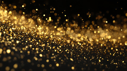Fototapete - Abstract golden particles and sprinkles powder explosion for a holiday celebration like christmas, shiny gold lights, wallpaper background for ads or gifts wrap and web design