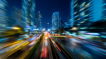 Leinwandbilder - Abstract motion blur city, traffic in central district of city at night, light trails with motion blur effect, long time exposure