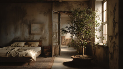 Aufkleber - An old bedroom with a bed and a tree, ai