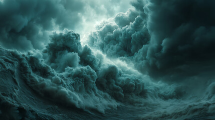 Poster - Apocalyptic dramatic background, giant tsunami waves, dark stormy sky, tornado, huge waves tsunami big waves