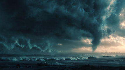 Poster - Apocalyptic dramatic background, giant tsunami waves, dark stormy sky, tornado, huge waves tsunami big waves