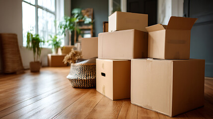 Poster - Boxes waiting to be moved into a new home, moving house day and real estate concept