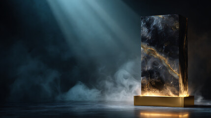Aufkleber - Black stone rectangular onyx pedestal stage podium with golden light and smoke on black background, for product display presentation and advertising, copy space