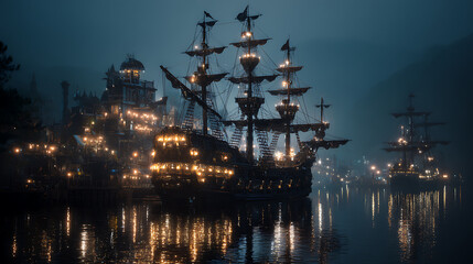 Poster - Black pirate ship at night