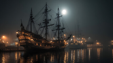 Aufkleber - Black pirate ship at night