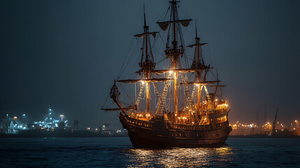Poster - Black pirate ship at night