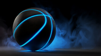 Poster - Black basketball with bright blue glowing neon lines on black background with smoke, 3d render