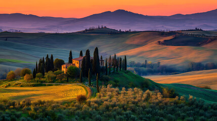 Aufkleber - Beautiful and miraculous colors of spring panorama landscape of tuscany, italy, tuscany landscape with grain fields, cypress trees and houses on the hills at sunset