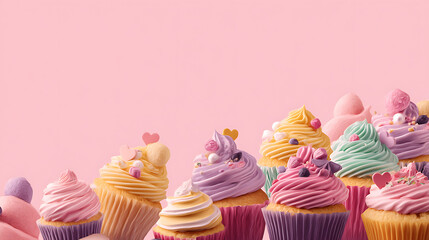 Aufkleber - Banner with colorful cupcakes on isolated pink background