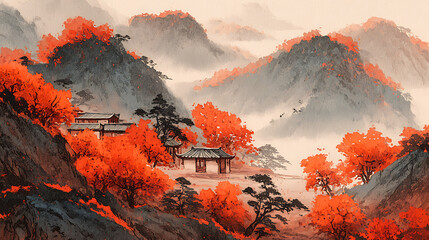 Poster - Autumn, fall, traditional chinese painitng, 4k background, chinese ink with orange colors, old asian art, landscape, orange trees, hills, mountains on paper
