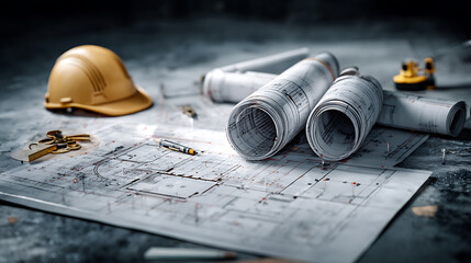 Aufkleber - Architect rolls and architectural plan, technical project drawing background