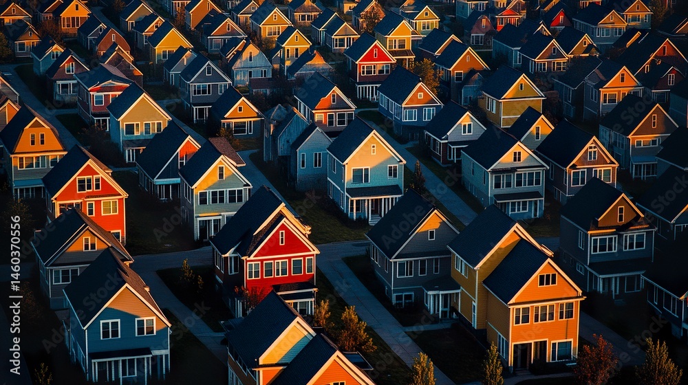 Rows of identical houses distorted by mismatched colors and uneven ...