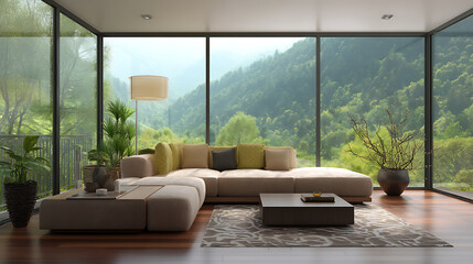 Aufkleber - Contemporary living room interior deisgn house beautiful with natural color scheme view of forest mountain hill nature background