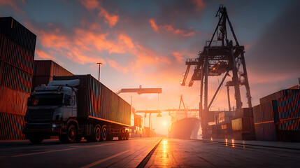 Poster - Container truck in ship port for business logistics and transportation of container cargo ship and cargo plane with working crane bridge in shipyard at sunrise, logistic import export and transport