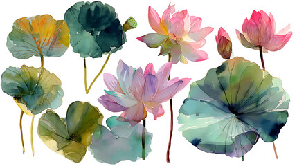 Poster - Collection of soft watercolor lily pads and lotus flowers isolated on a