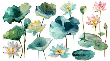 Poster - Collection of soft watercolor lily pads and lotus flowers isolated on a