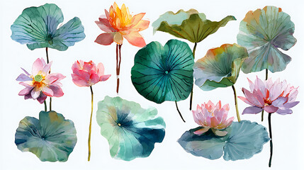 Poster - Collection of soft watercolor lily pads and lotus flowers isolated on a