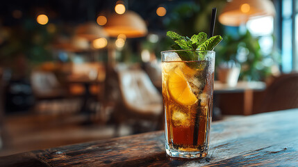 Poster - Closeup glass of long island ice tea cocktail decorated with mint on the table in the cafe