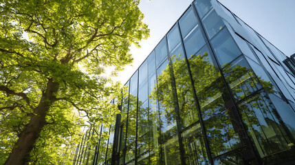 Poster - Close, up of sustainable green glass building, trees