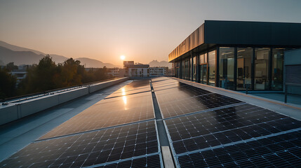 Poster - Close up of a new building with solar panels on the roof, sustainable and clean energy at home