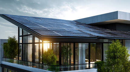 Aufkleber - Close up of a new building with solar panels on the roof, sustainable and clean energy at home