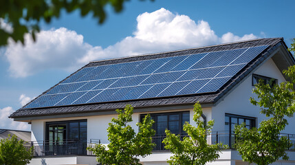 Aufkleber - Close up of a new building with solar panels on the roof, sustainable and clean energy at home