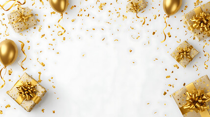 Poster - Celebration banner with gold gifts, confetti and balloons, celebratory banner