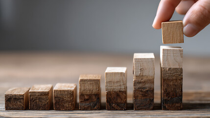Poster - Business growth success development process concept, close up hand arranging wood block stacking, background with copy space
