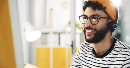 Poster - Call center, businessman and computer with headset for talking, crm questions and customer service. Office, male person and consultant at help desk for support, discussion and faq feedback with smile