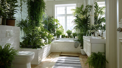 Poster - Bright and white bathroom with a variety of green plants of deep forest style