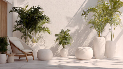 Poster - White interior design concept with empty wall and contemporary furnishings, indoor oasis, modern home featuring stylish decor potted plants and minimalist aesthetic
