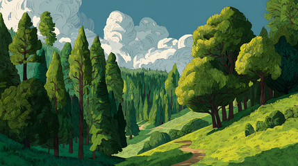 Poster - Wallpaper illustration of a green forest landscape