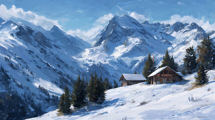 Aufkleber - Swiss mountains snowy ski resort, chalet during winter, blue sky, digital painting of mountains, switzerland, travel landscape