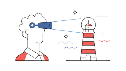 Aufkleber - vision business discovery or searching for success challenge to see future guidance looking for career path or strategy concept businessman look on telescope head with lighthouse guidance light 070525