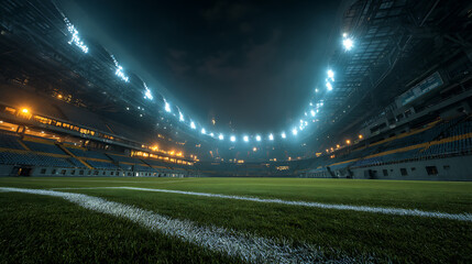 Leinwandbilder - Soccer stadium illuminated by spotlights and empty green grass playground, big stadium