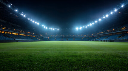 Fototapete - Soccer stadium illuminated by spotlights and empty green grass playground, big stadium