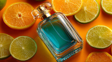 Poster - Perfume bottle on citrus background