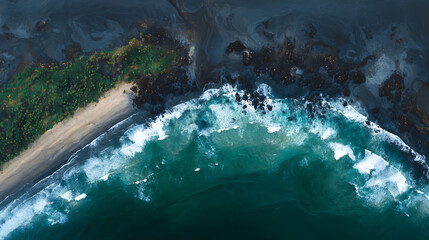 Aufkleber - Panorama of black volcanic beach, aerial view and top view, beautiful natural backdrop, digital ai art