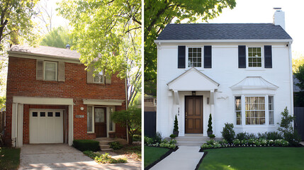 Poster - Modern home renovation, before, after, home exterior, a modern makeover transforms a traditional brick house with a fresh, white facade