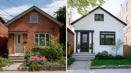 Poster - Modern home renovation, before, after, home exterior, a modern makeover transforms a traditional brick house with a fresh, white facade