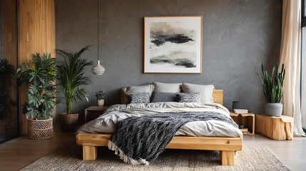 Poster - Modern bedroom with natural textures and light, poster mockup
