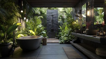 Poster - Luxury outdoor bathroom in tropical jungle with dark theme, green plants, bright bathroom with subway tile and a variety of green plants, create a green oasis for relaxation
