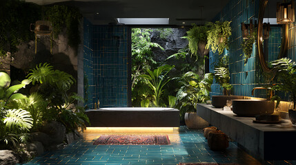 Poster - Luxury outdoor bathroom in tropical jungle with dark theme, green plants, bright bathroom with subway tile and a variety of green plants, create a green oasis for relaxation
