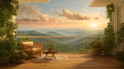 Poster - Home interior design concept house beautiful balcony terrace with armchiar with background of sky sunset wonderful nature scenery landscape