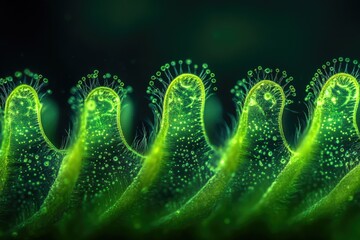 Wall Mural - Microscopic view of vibrant green plant structures, intricate details revealed under magnification.