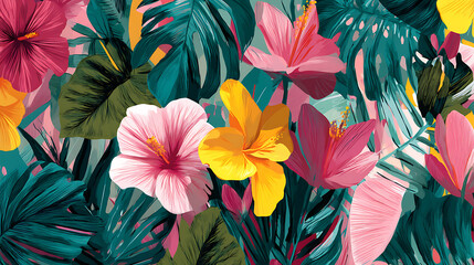 Poster - Flowers and foliage tropical leaves colorful pattern spring summer background