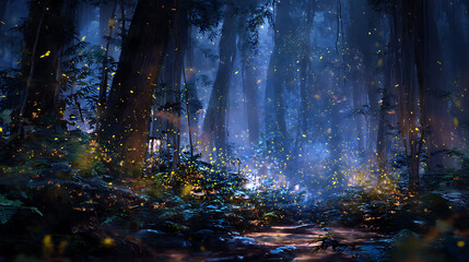 Poster - Flittering fireflies flying in the night fantasy enchanted forest, fairy tale concept