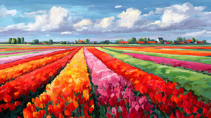 Poster - Flower fields painting, colorful drawing of netherlands flower harvest fields, red, green, orange watercolor, 4k landscape, background, wallpaper